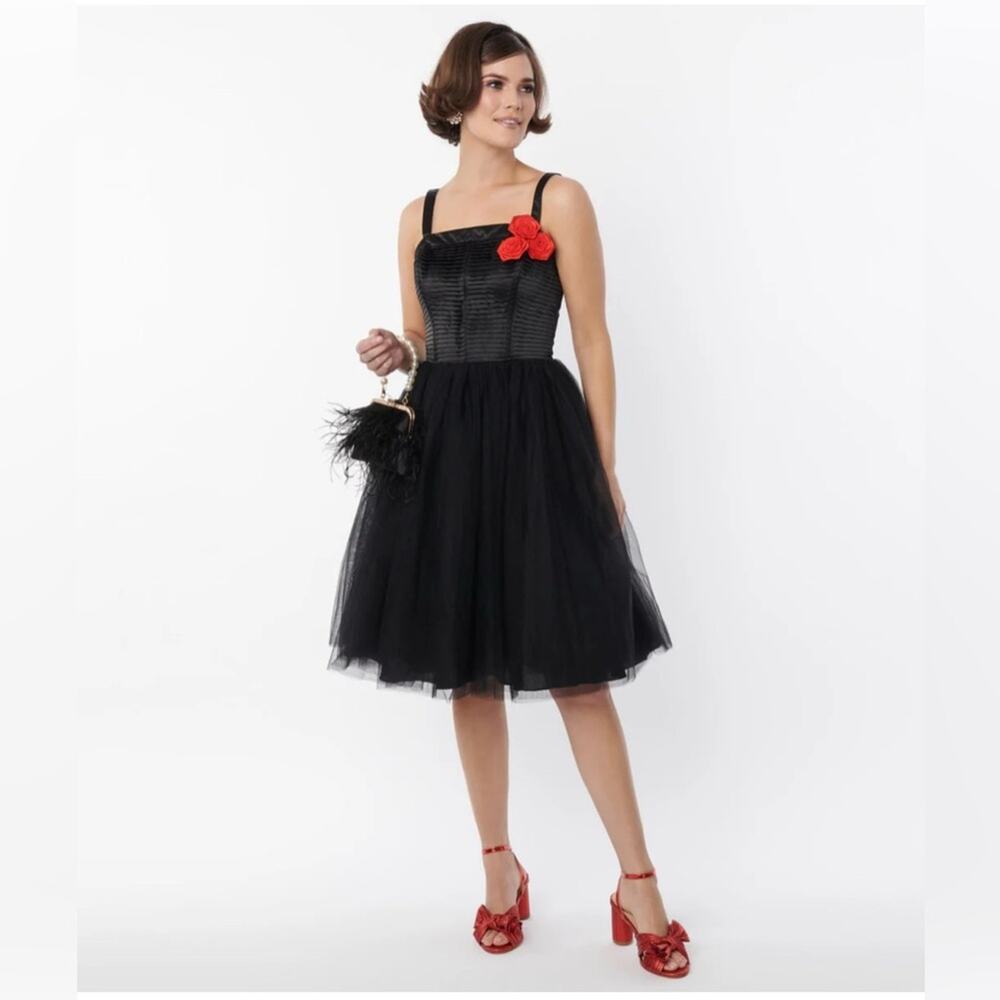 New! UNIQUE VINTAGE Black Satin 1950s Black Swing Dress with Red Rose Sz L #11
